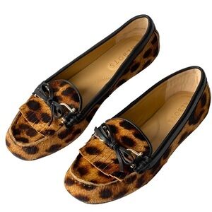 Talbots Leopard Loafer Flats Slip-On Shoes Fur Fringe Tassel Bow, Sz 5M